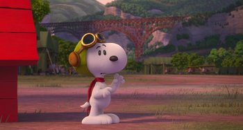 Movie still from “The Peanuts Movie” (2015), directed by Steve Martino – A cartoon of a dog wearing a hat and sunglasses; Wide shot, High angle