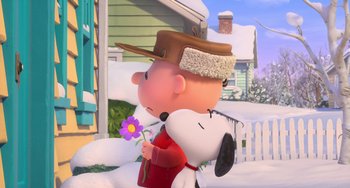 Movie still from “The Peanuts Movie” (2015), directed by Steve Martino – A couple of people that are standing in the snow together; Extreme Wide shot, Over the shoulder angle