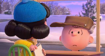 Movie still from “The Peanuts Movie” (2015), directed by Steve Martino – A scene from the peanuts movie with a charlie brown character looking in a mirror; Medium shot, Over the shoulder angle