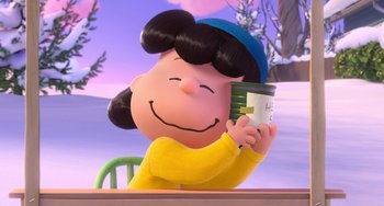 Movie still from “The Peanuts Movie” (2015), directed by Steve Martino – A cartoon of a woman holding a cup of coffee; Medium shot, Over the shoulder angle