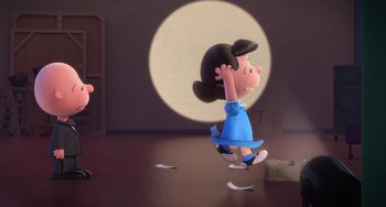 Movie still from “The Peanuts Movie” (2015), directed by Steve Martino – A girl in a blue dress is jumping in the air; Wide shot, High angle