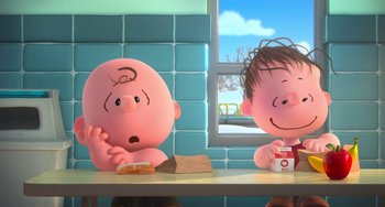 Movie still from “The Peanuts Movie” (2015), directed by Steve Martino – Two cartoon characters sitting in front of a window; Medium shot, Over the shoulder angle
