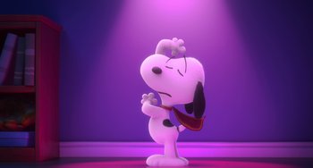 Movie still from “The Peanuts Movie” (2015), directed by Steve Martino – A cartoon of a dog holding something in its mouth; Extreme Wide shot, Low angle