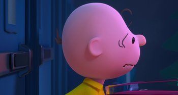 Movie still from “The Peanuts Movie” (2015), directed by Steve Martino – The head of a cartoon character , charlie brown; Close Up shot, Over the shoulder angle