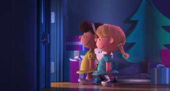 Movie still from “The Peanuts Movie” (2015), directed by Steve Martino – A couple of people standing next to each other on the ground; Extreme Wide shot, Over the shoulder angle