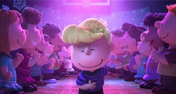 Movie still from “The Peanuts Movie” (2015), directed by Steve Martino – A charlie brown character is standing in front of a group of people; Medium shot, Over the shoulder angle
