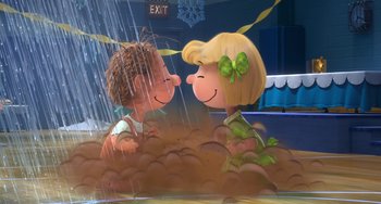 Movie still from “The Peanuts Movie” (2015), directed by Steve Martino – A couple of people that are standing in the water; Wide shot, High angle