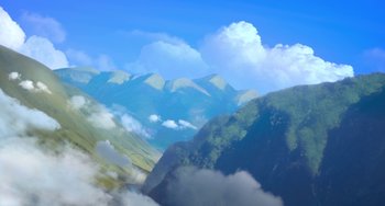 Movie still from “The Peanuts Movie” (2015), directed by Steve Martino – A view of a mountain range with clouds in the sky; Extreme Wide shot, Low angle