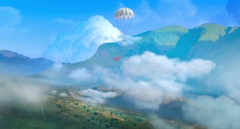 Movie still from “The Peanuts Movie” (2015), directed by Steve Martino – An image of a parachutist in the sky; Extreme Wide shot, Low angle
