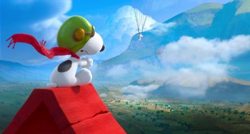 Movie still from “The Peanuts Movie” (2015), directed by Steve Martino – A dog is flying a kite in the sky; Extreme Wide shot, Low angle