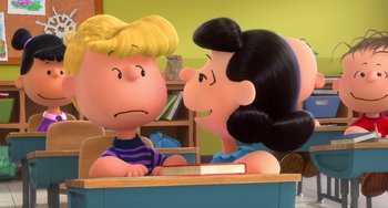 Movie still from “The Peanuts Movie” (2015), directed by Steve Martino – A couple of cartoon characters sitting at a desk; Medium shot, Over the shoulder angle