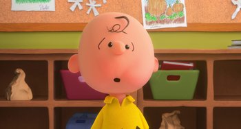 Movie still from “The Peanuts Movie” (2015), directed by Steve Martino – A charlie brown character with a question mark drawn on his head; Close Up shot, Low angle