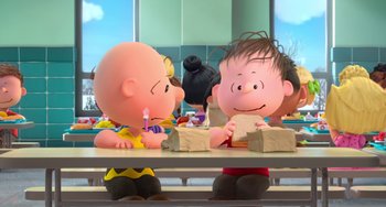Movie still from “The Peanuts Movie” (2015), directed by Steve Martino – A couple of peanuts characters sitting next to each other at a table; Medium shot, Over the shoulder angle