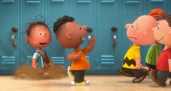 Movie still from “The Peanuts Movie” (2015), directed by Steve Martino – A group of people standing next to each other in front of lockers; Wide shot, Over the shoulder angle