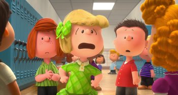 Movie still from “The Peanuts Movie” (2015), directed by Steve Martino – A group of people that are standing in a room together; Medium shot, Over the shoulder angle