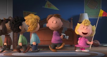 Movie still from “The Peanuts Movie” (2015), directed by Steve Martino – A group of people that are standing up in a room; Wide shot, High angle
