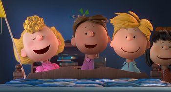 Movie still from “The Peanuts Movie” (2015), directed by Steve Martino – A group of people sitting next to each other on top of a boat; Medium shot, Low angle