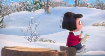 Movie still from “The Peanuts Movie” (2015), directed by Steve Martino – A girl sitting on top of a tree stump in the snow; Extreme Wide shot, Over the shoulder angle