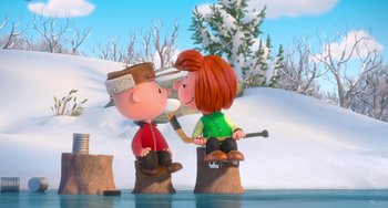 Movie still from “The Peanuts Movie” (2015), directed by Steve Martino – A charlie brown and a peppermint patty statue; Extreme Wide shot, High angle