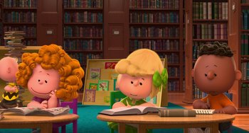 Movie still from “The Peanuts Movie” (2015), directed by Steve Martino – A cartoon of a little girl reading a book in front of a bookcase; Wide shot, High angle