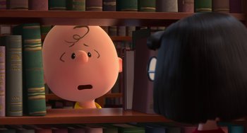 Movie still from “The Peanuts Movie” (2015), directed by Steve Martino – A charlie brown character looking in a book case; Close Up shot, Over the shoulder angle