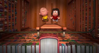 Movie still from “The Peanuts Movie” (2015), directed by Steve Martino – A couple of people that are sitting on a bench; Wide shot, Overhead angle