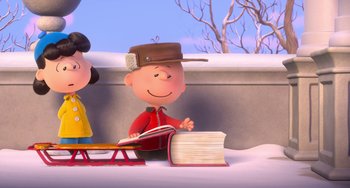 Movie still from “The Peanuts Movie” (2015), directed by Steve Martino – A charlie brown sitting in front of an open book; Extreme Wide shot, High angle