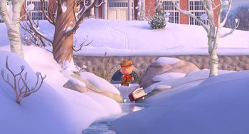 Movie still from “The Peanuts Movie” (2015), directed by Steve Martino – An animated scene of a man in a brown hat; Extreme Wide shot, High angle