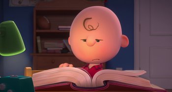 Movie still from “The Peanuts Movie” (2015), directed by Steve Martino – A cartoon character is reading a large book; Close Up shot, High angle