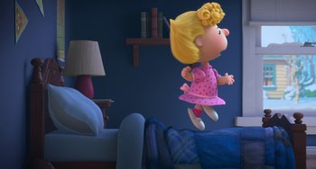 Movie still from “The Peanuts Movie” (2015), directed by Steve Martino – A cartoon of a little girl flying through the air; Wide shot, High angle