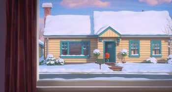 Movie still from “The Peanuts Movie” (2015), directed by Steve Martino – An animated house with snow on the ground; Extreme Wide shot, High angle