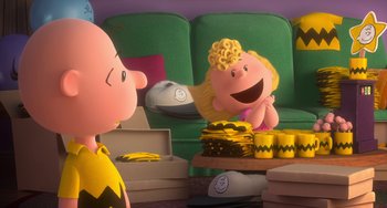 Movie still from “The Peanuts Movie” (2015), directed by Steve Martino – A charlie brown and charlie brown sitting in a living room next to each other; Medium shot, Over the shoulder angle