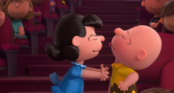 Movie still from “The Peanuts Movie” (2015), directed by Steve Martino – A charlie brown and lucy statue on the stairs; Close Up shot, Over the shoulder angle