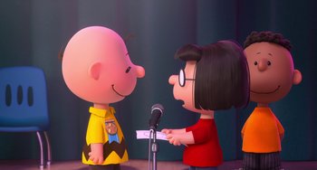 Movie still from “The Peanuts Movie” (2015), directed by Steve Martino – A charlie brown and sally from the peanuts movie; Medium shot, Over the shoulder angle