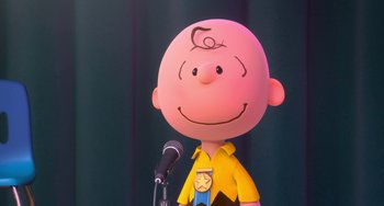 Movie still from “The Peanuts Movie” (2015), directed by Steve Martino – A cartoon character with a microphone; Close Up shot, Low angle