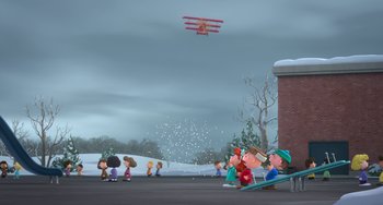 Movie still from “The Peanuts Movie” (2015), directed by Steve Martino – A group of people standing on the side of a road; Extreme Wide shot, High angle
