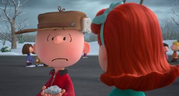 Movie still from “The Peanuts Movie” (2015), directed by Steve Martino – A charlie brown character and a woman in a scene from the peanuts movie; Close Up shot, High angle