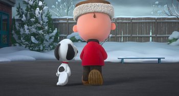 Movie still from “The Peanuts Movie” (2015), directed by Steve Martino – A dog and a man standing next to each other on the sidewalk; Extreme Wide shot, Low angle