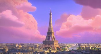 Movie still from “The Peanuts Movie” (2015), directed by Steve Martino – An image of an eiffel tower in the middle of a city; Extreme Wide shot, Low angle