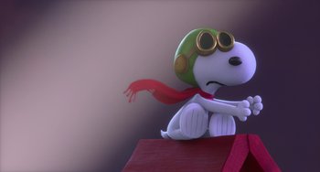 Movie still from “The Peanuts Movie” (2015), directed by Steve Martino – A toy dog wearing goggles and a pilot's hat; Extreme Wide shot, High angle
