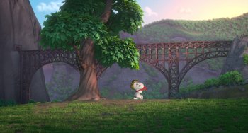 Movie still from “The Peanuts Movie” (2015), directed by Steve Martino – A painting of a dog sitting in front of a tree; Extreme Wide shot, Low angle