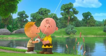 Movie still from “The Peanuts Movie” (2015), directed by Steve Martino – A charlie brown and a linus van pelt cartoon scene; Extreme Wide shot, Low angle