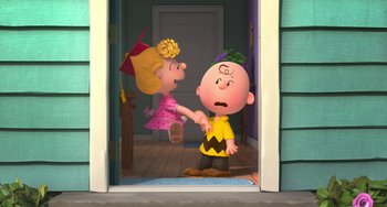 Movie still from “The Peanuts Movie” (2015), directed by Steve Martino – A charlie brown and a little girl in a house; Medium shot, Over the shoulder angle