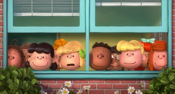 Movie still from “The Peanuts Movie” (2015), directed by Steve Martino – A group of cartoon characters looking out of a window; Wide shot, Low angle