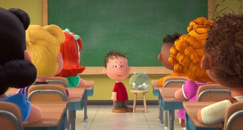 Movie still from “The Peanuts Movie” (2015), directed by Steve Martino – A group of children sitting in a classroom with charlie brown; Wide shot, High angle