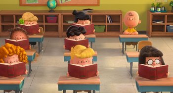 Movie still from “The Peanuts Movie” (2015), directed by Steve Martino – A group of children sitting at a desk reading books; Wide shot, High angle