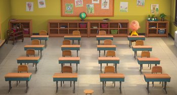 Movie still from “The Peanuts Movie” (2015), directed by Steve Martino – An empty classroom with desks and chairs in it; Extreme Wide shot, High angle