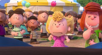 Movie still from “The Peanuts Movie” (2015), directed by Steve Martino – A crowd of people standing around a tent; Medium shot, Over the shoulder angle