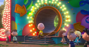 Movie still from “The Peanuts Movie” (2015), directed by Steve Martino – A scene from the peanuts movie with charlie brown sitting on the steps; Extreme Wide shot, Low angle