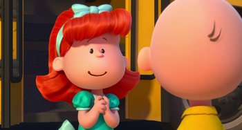 Movie still from “The Peanuts Movie” (2015), directed by Steve Martino – A cartoon character with a bow on her head; Close Up shot, Over the shoulder angle
